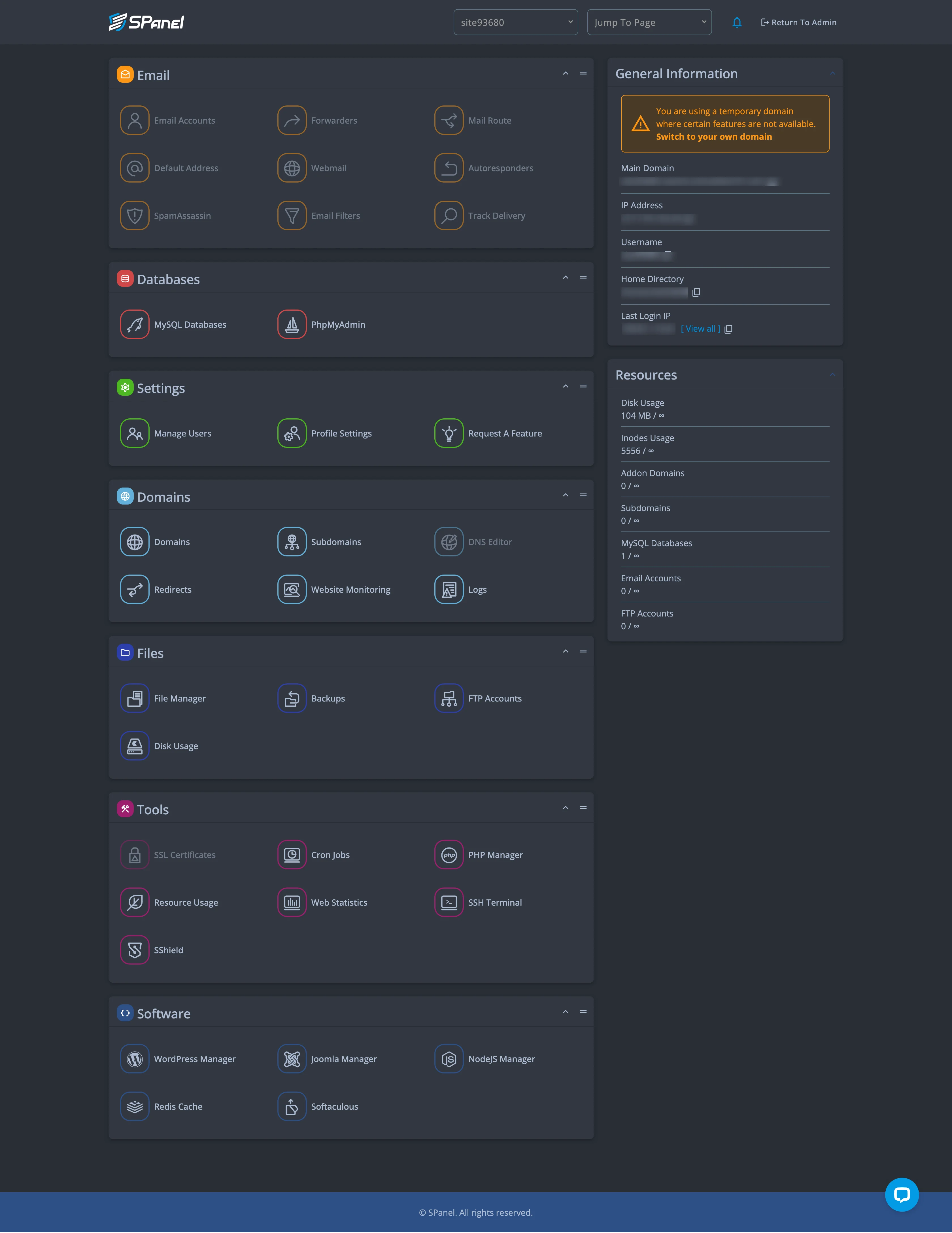 SPanel user dashboard — email, databases, domains, files, tools and software