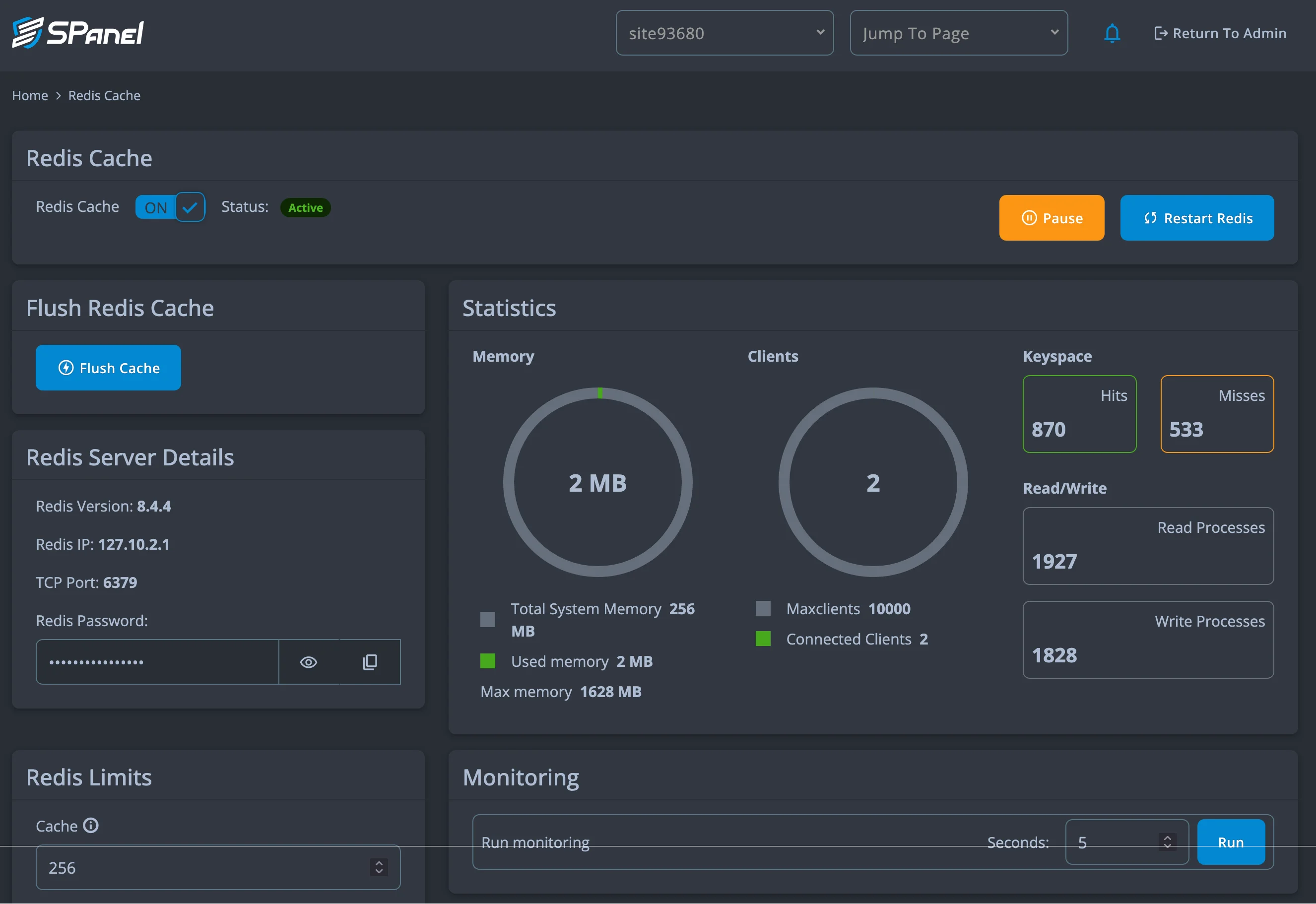 SPanel Redis Cache panel — Redis active and serving hits