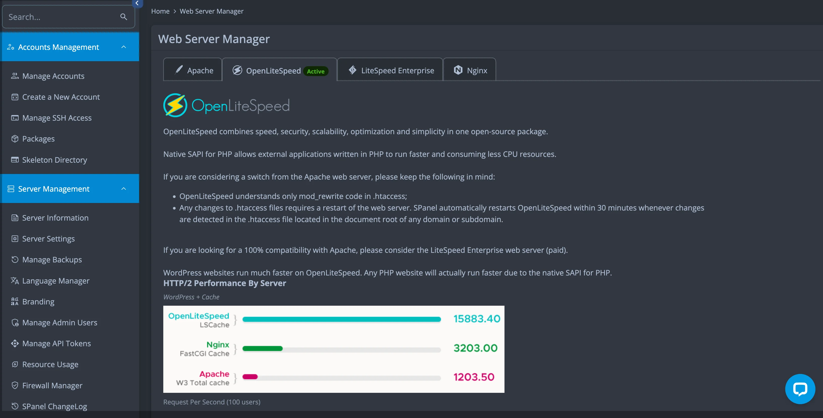 SPanel Web Server Manager — switching from Apache to OpenLiteSpeed