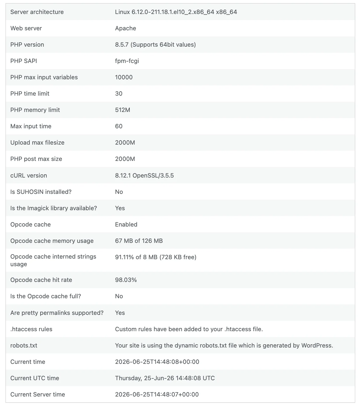 Tested server configuration — Apache, PHP 8.5.7, OPcache