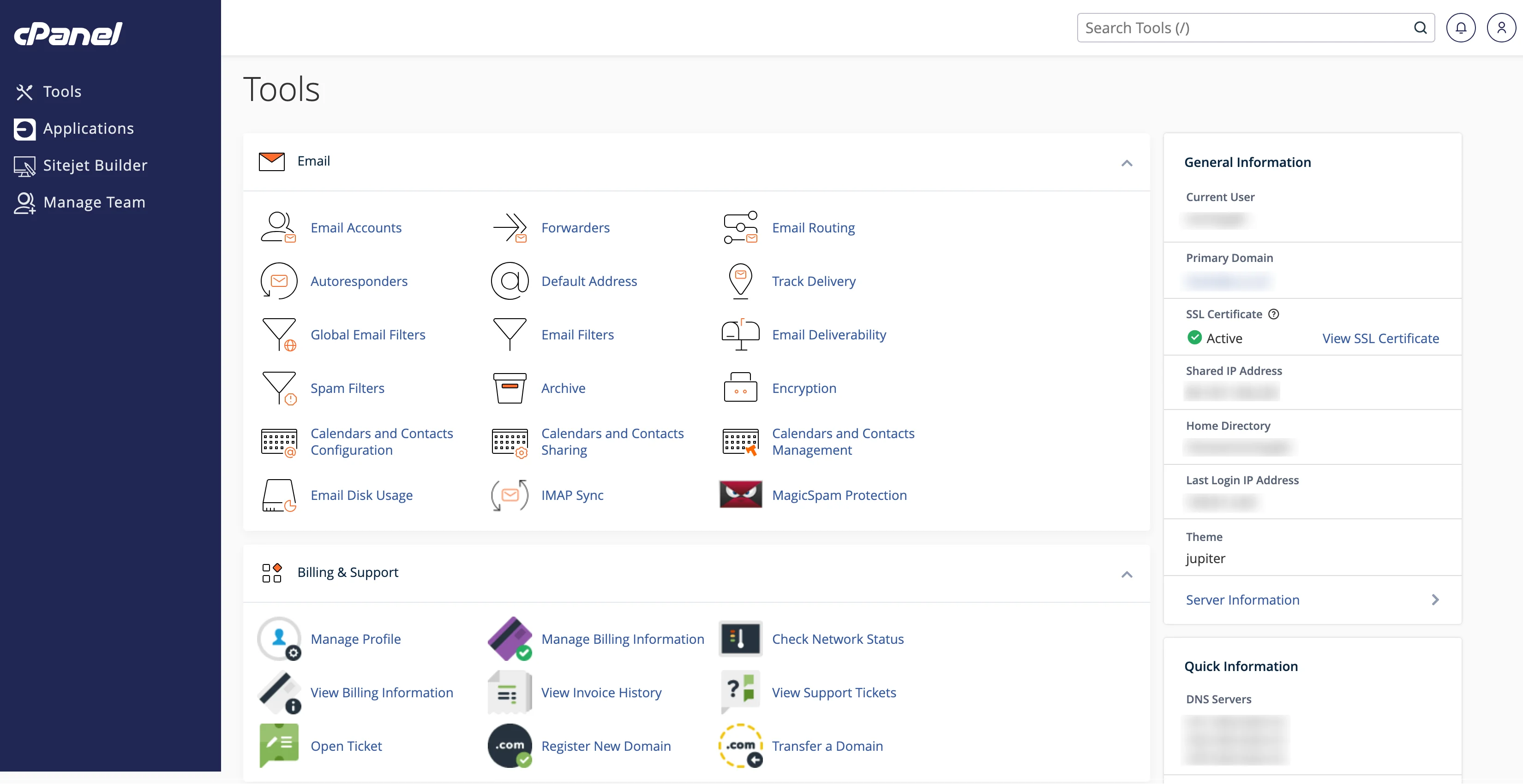 Klasický cPanel (téma Jupiter) na Exon.io