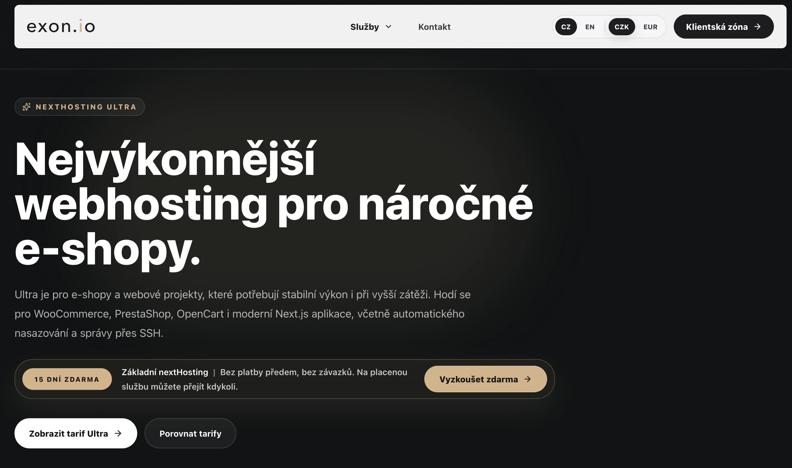 Homepage Exon.io s nabídkou nextHosting