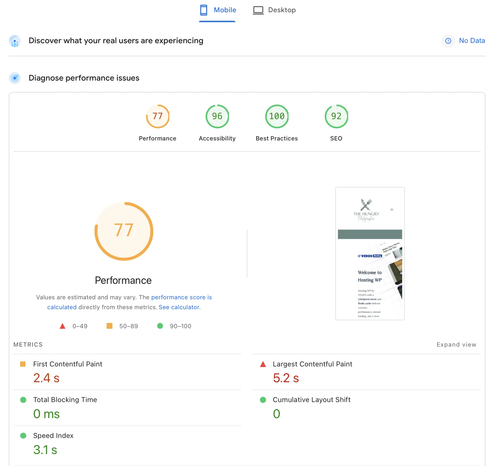 PageSpeed Insight mobil - WooCommerce