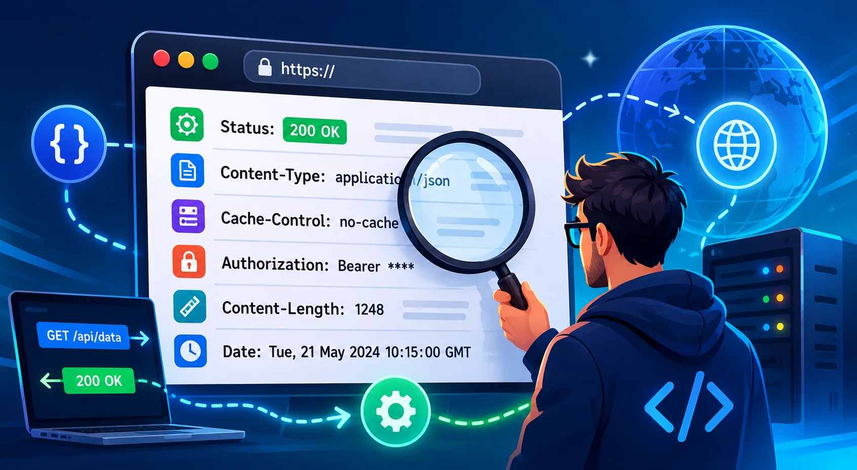 HTTP response headers, status codes, content type and authorization