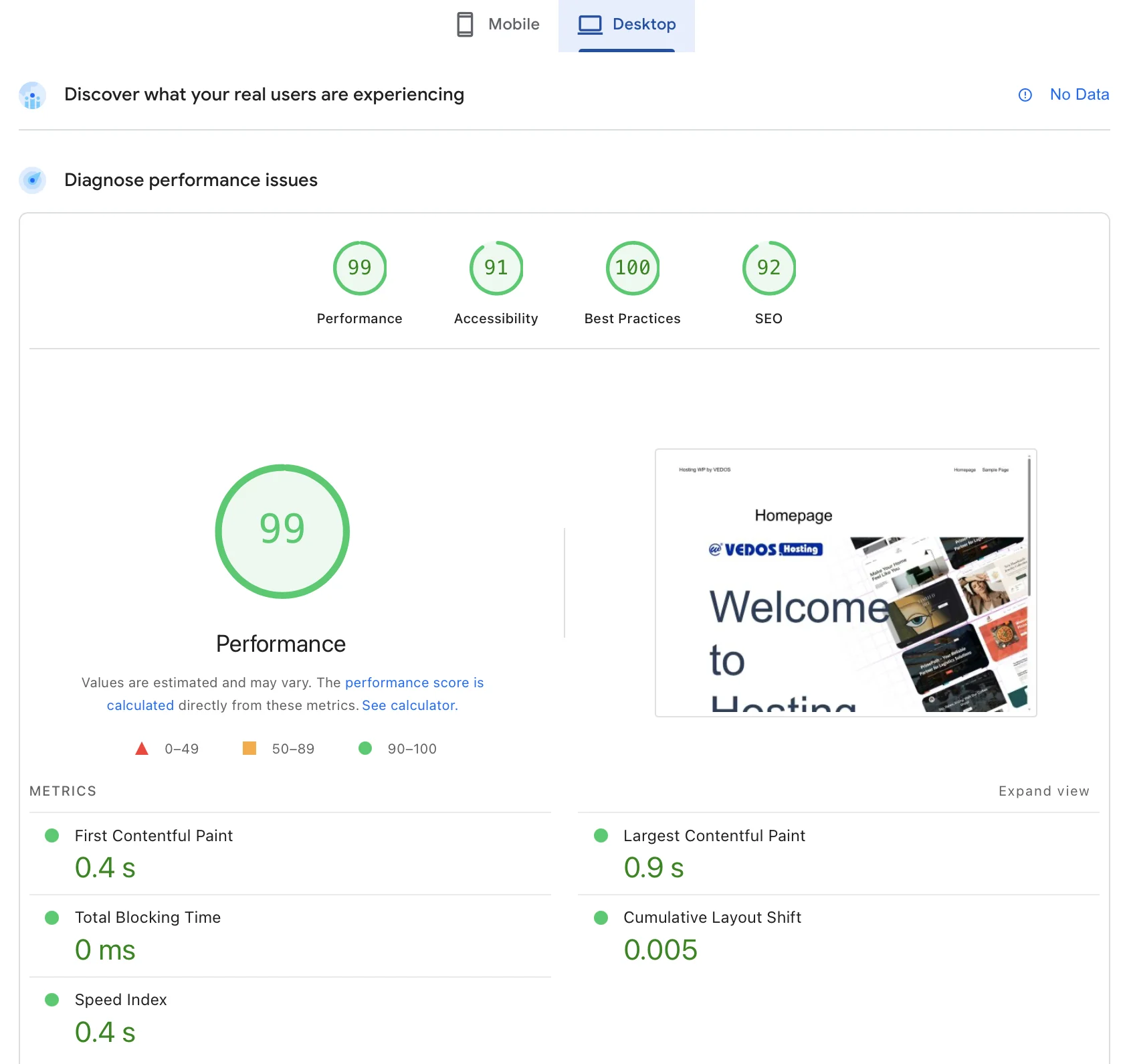 PageSpeed Insight desktop - čistá instalace
