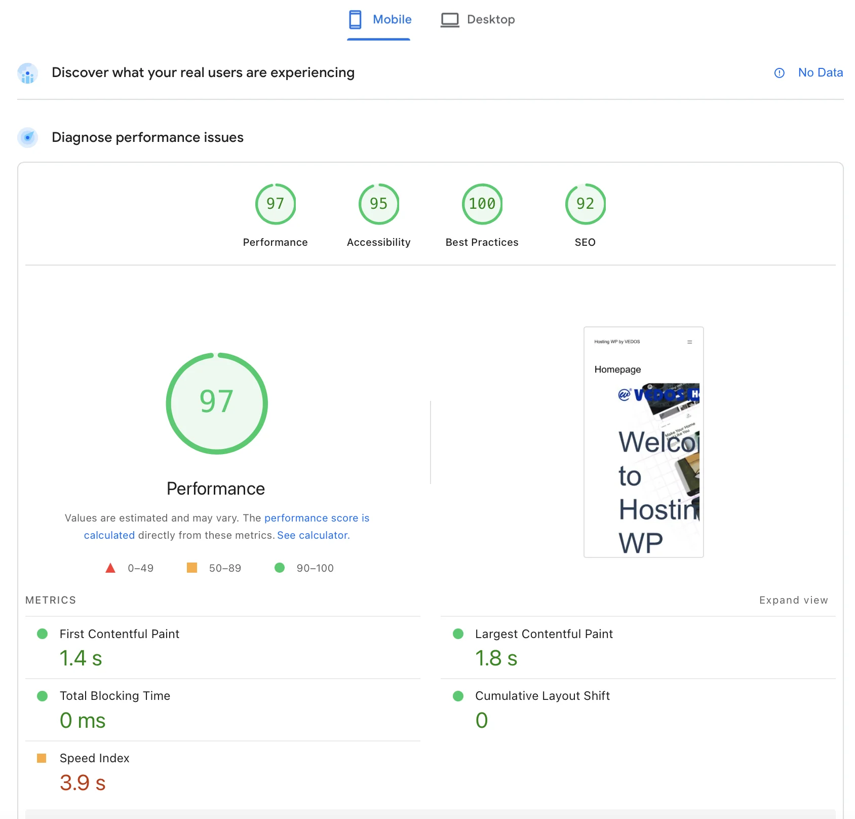 PageSpeed Insight mobil - čistá instalace