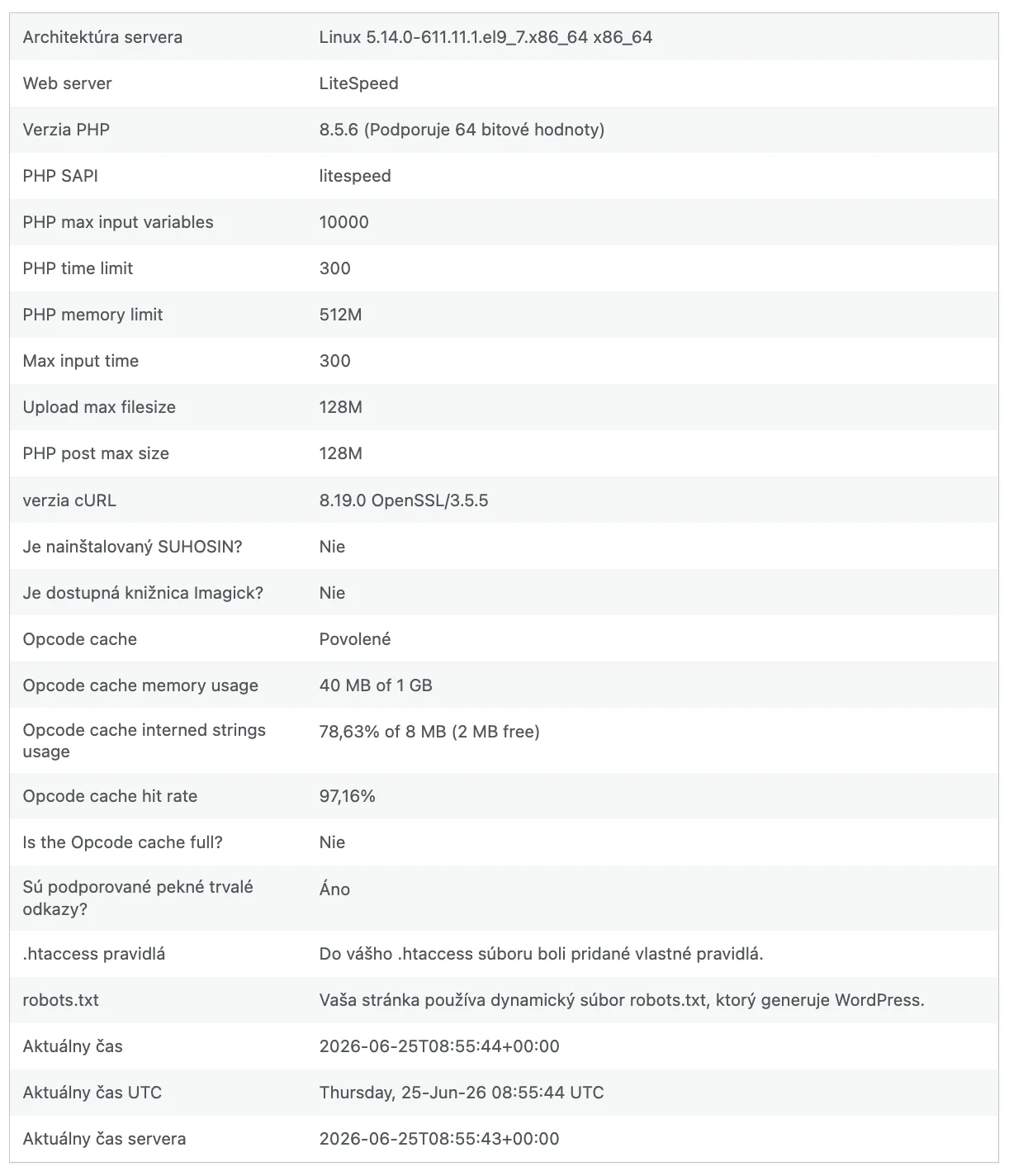 Parametry testovaného serveru – LiteSpeed, PHP 8.5.8, OPcache