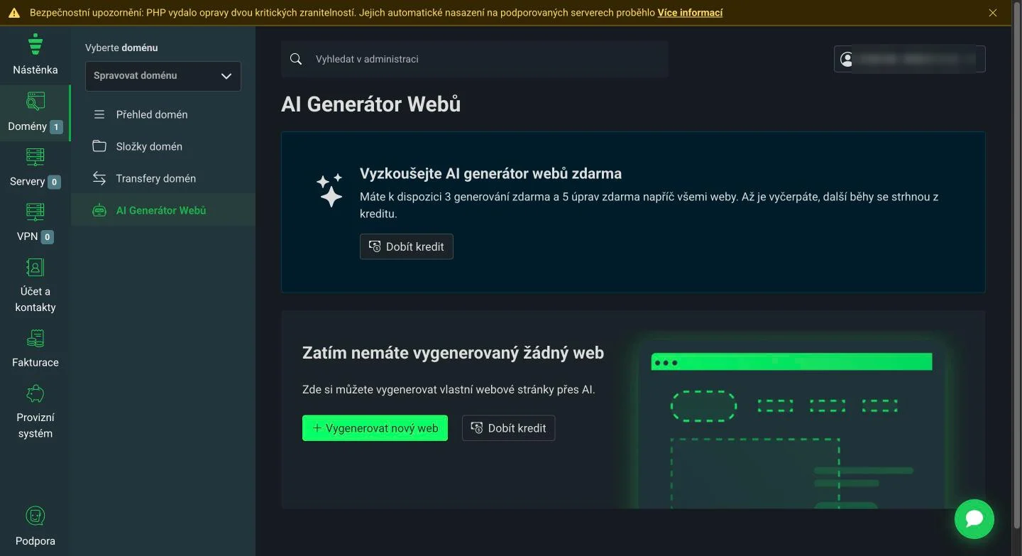 AI Generátor Webů v portálu Váš Hosting se třemi generováními a pěti úpravami zdarma