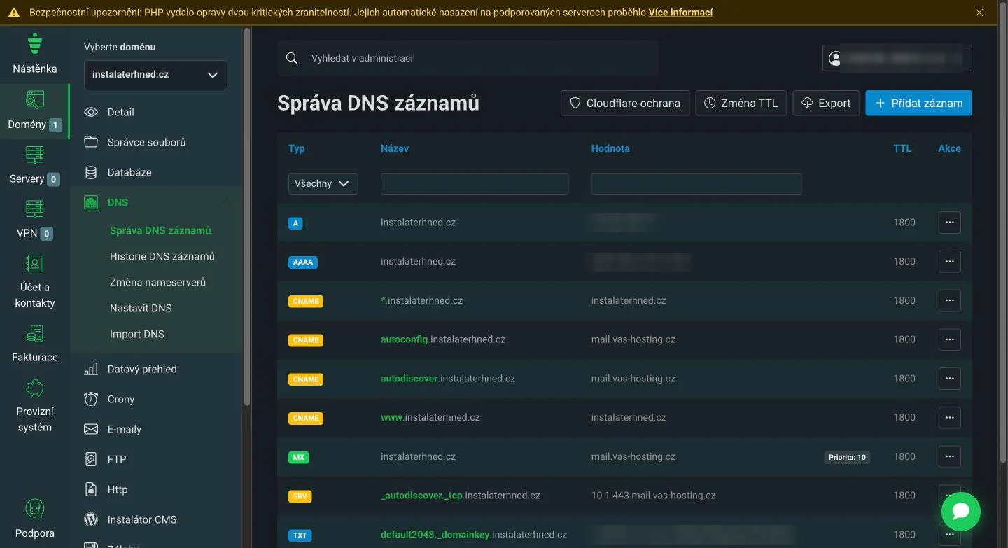 Správa DNS záznamů v portálu Váš Hosting s tlačítky Cloudflare ochrana, Změna TTL a Export