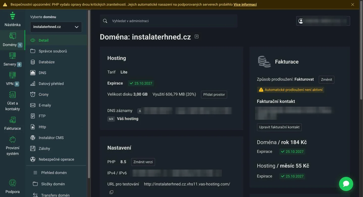 Detail domény v portálu Váš Hosting: tarif Lite, využití disku, přepínač PHP verze a testovací URL