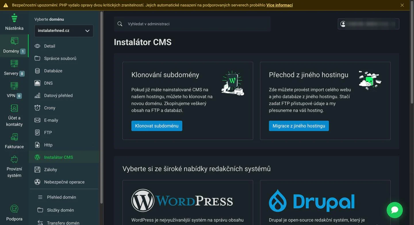 Instalátor CMS v portálu Váš Hosting: klonování subdomény, migrace z jiného hostingu a výběr redakčního systému