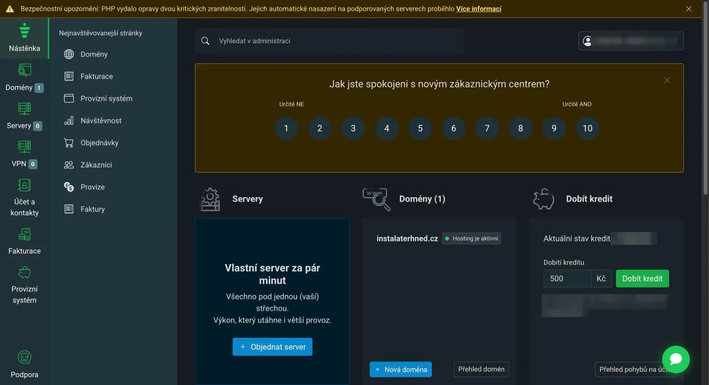 Nástěnka Zákaznického portálu Váš Hosting s upozorněním na automaticky nasazené opravy PHP