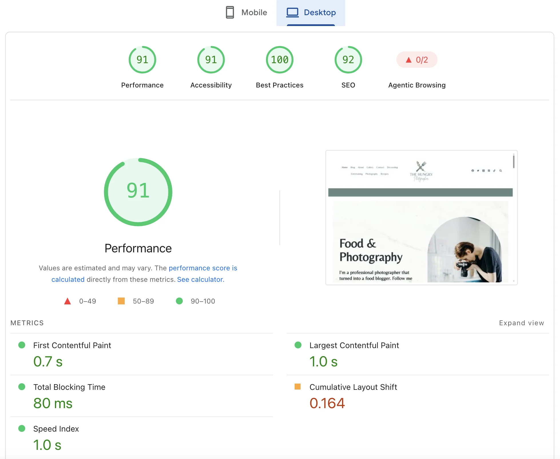 PageSpeed Insights – WooCommerce e-shop, desktop 91