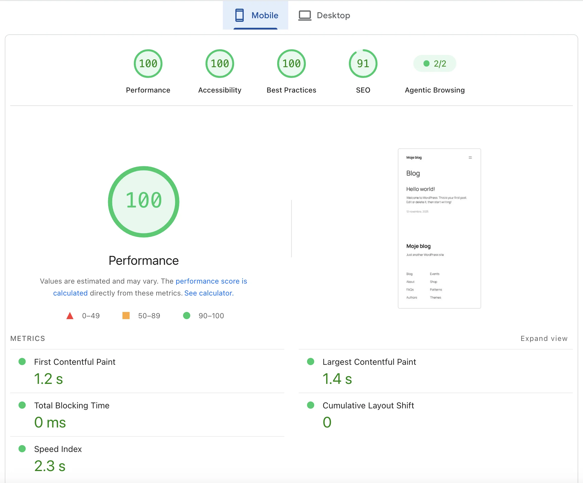 PageSpeed Insights – čistá instalace WordPress, mobil 100/100