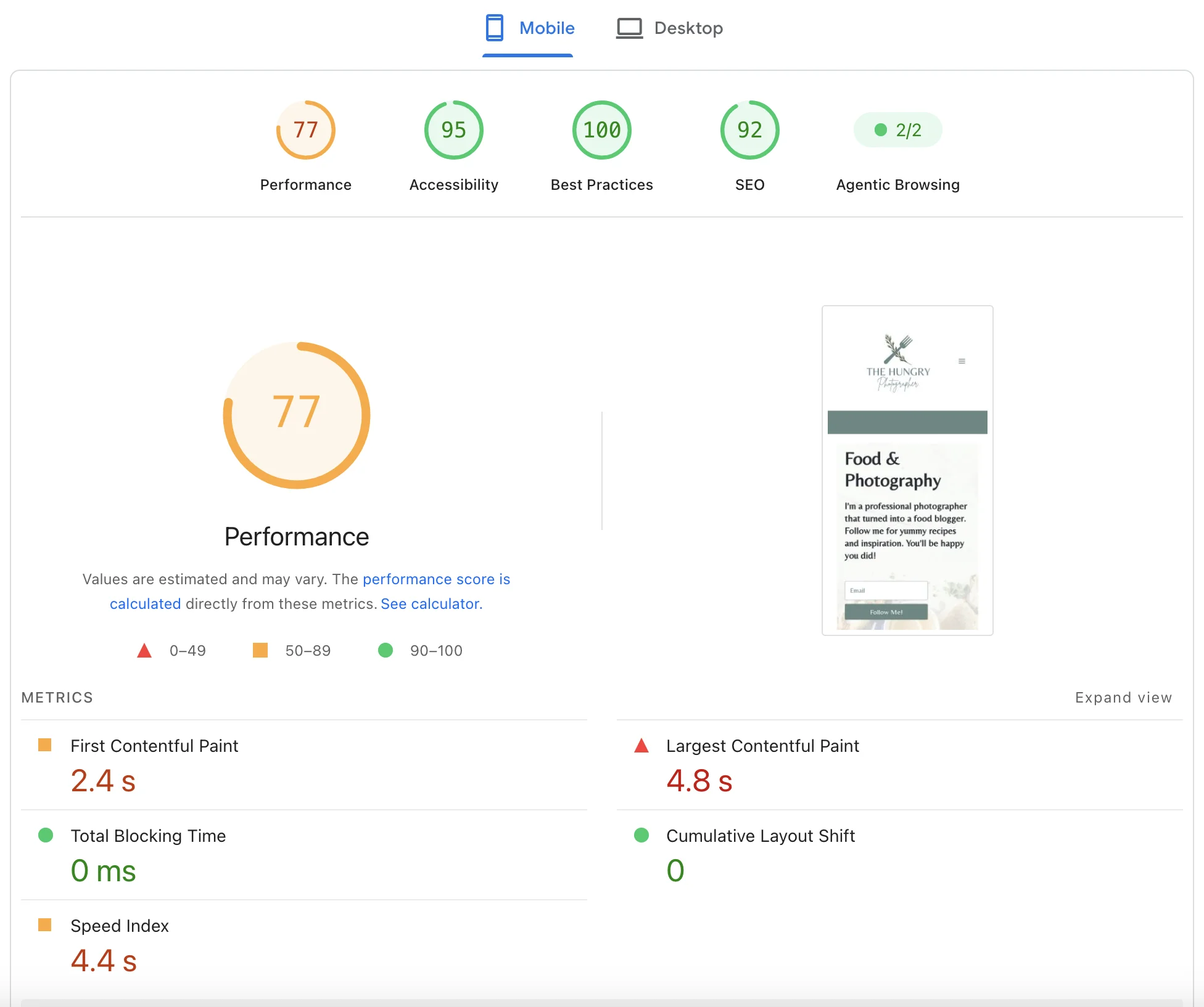 PageSpeed Insights – WooCommerce e-shop, mobil 77, LCP 4,8 s
