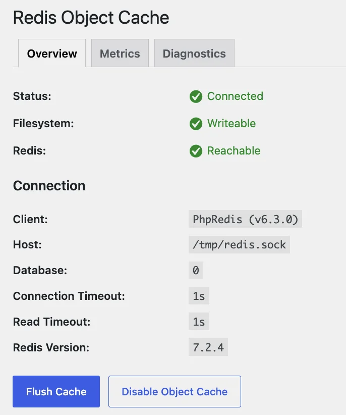Redis Object Cache plugin připojený – PhpRedis 6.3.0, Redis 7.2.4