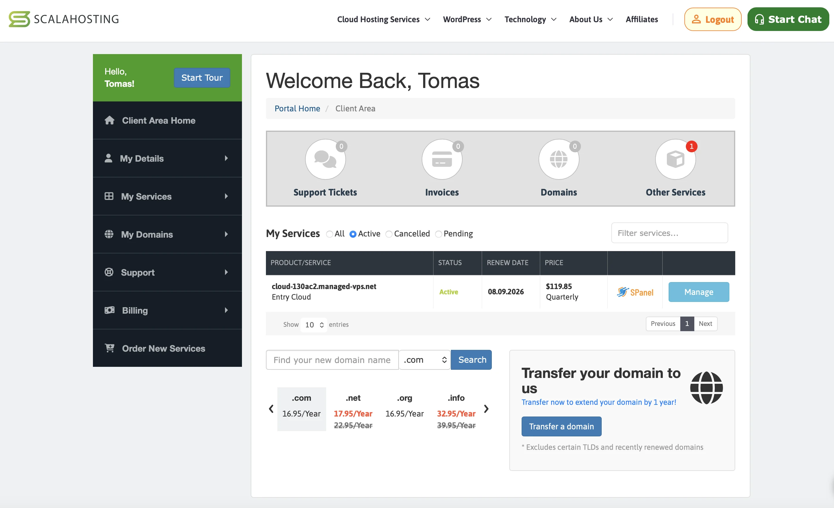 ScalaHosting client area with the active Entry Cloud service