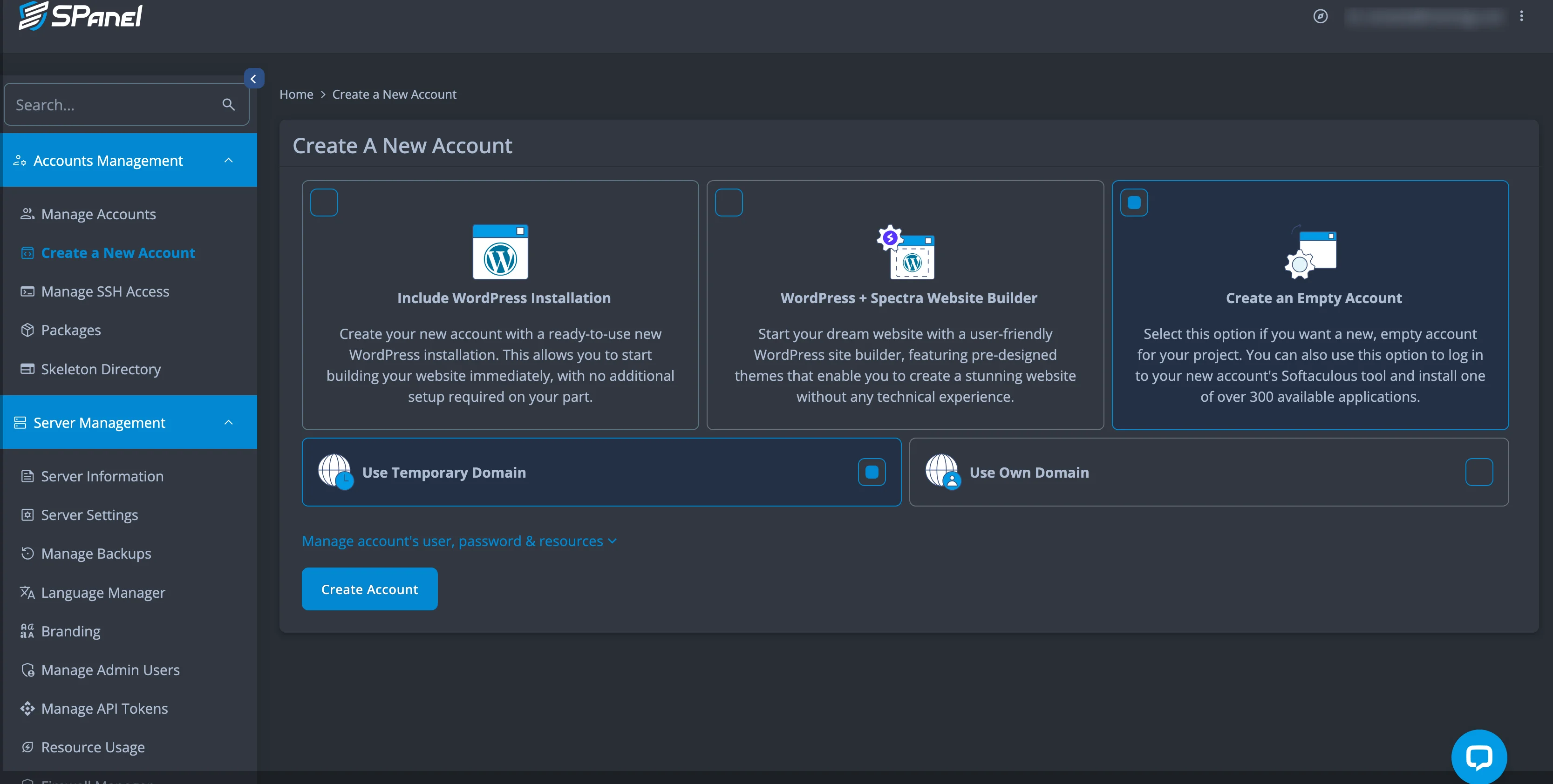 SPanel create-account flow with one-click WordPress options