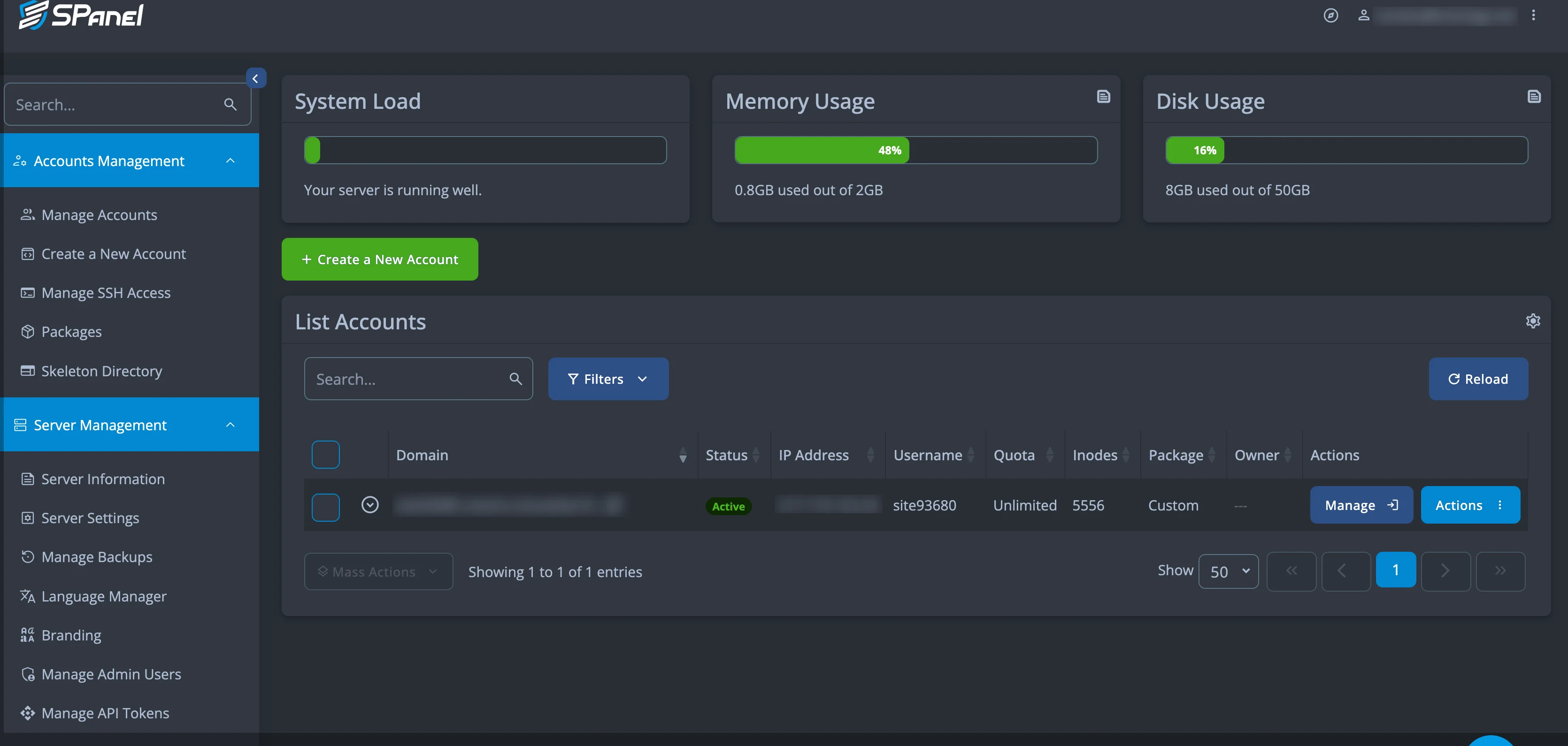 SPanel admin dashboard with server resource gauges