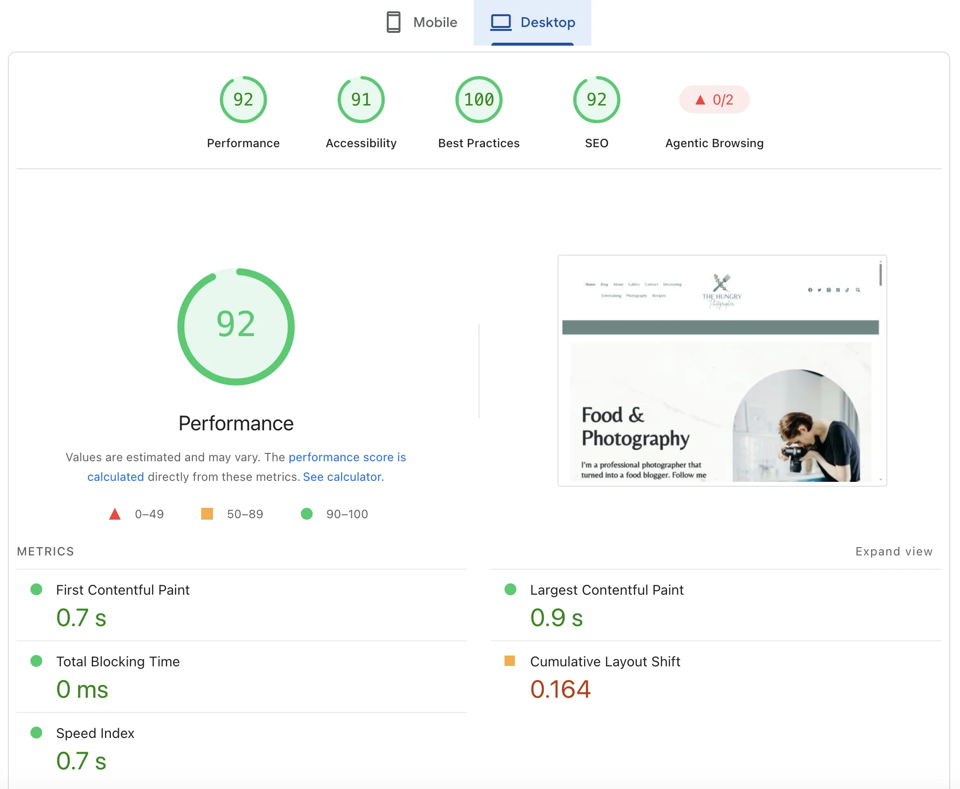 PageSpeed Insights — WooCommerce tuned, desktop 92