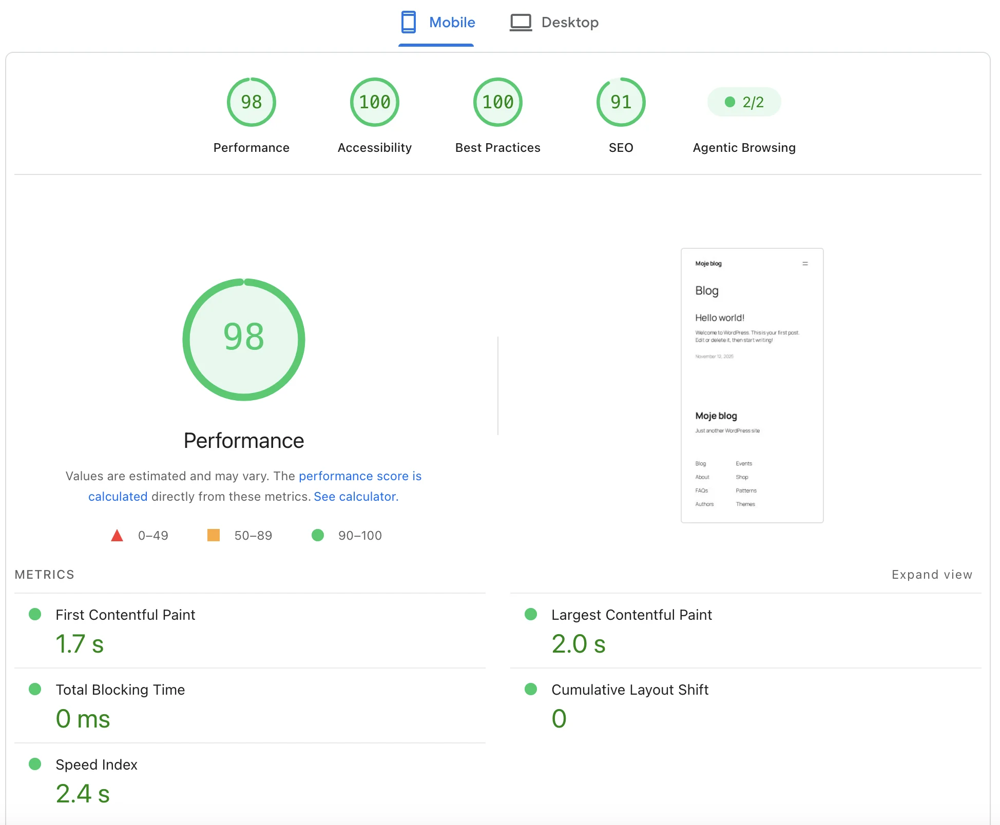 PageSpeed Insights — clean install, mobile 98