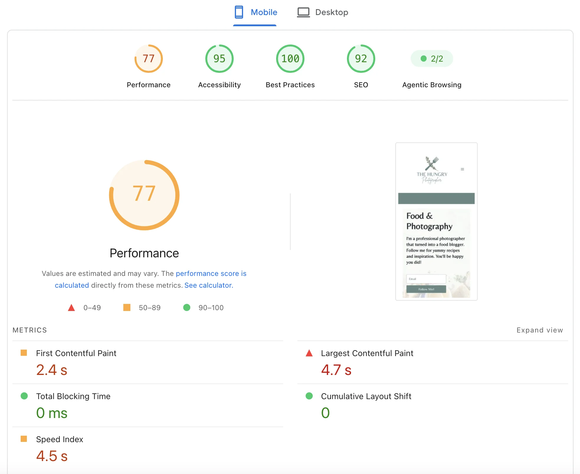PageSpeed Insights — WooCommerce tuned, mobile 77
