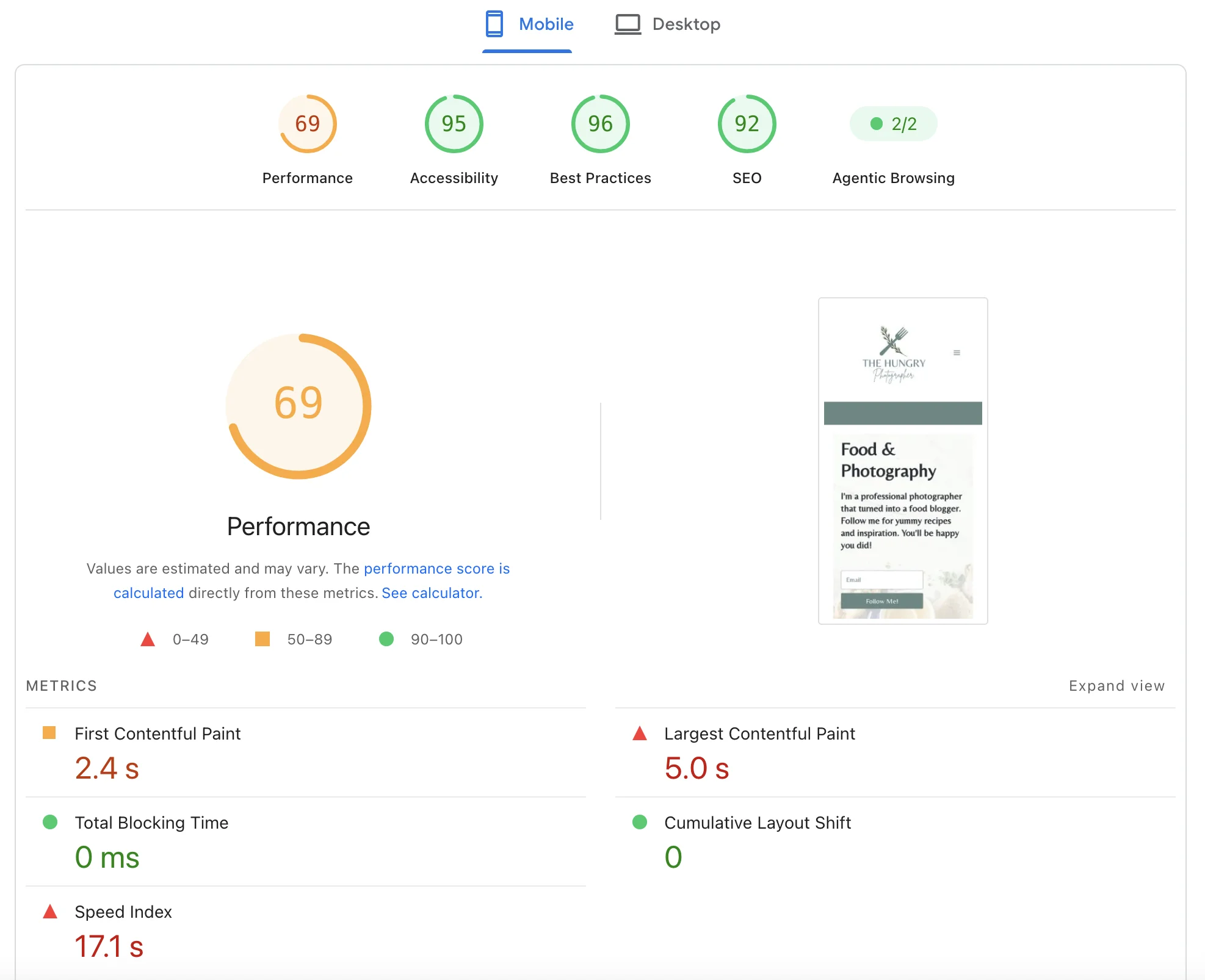 PageSpeed Insights — WooCommerce, mobile 69