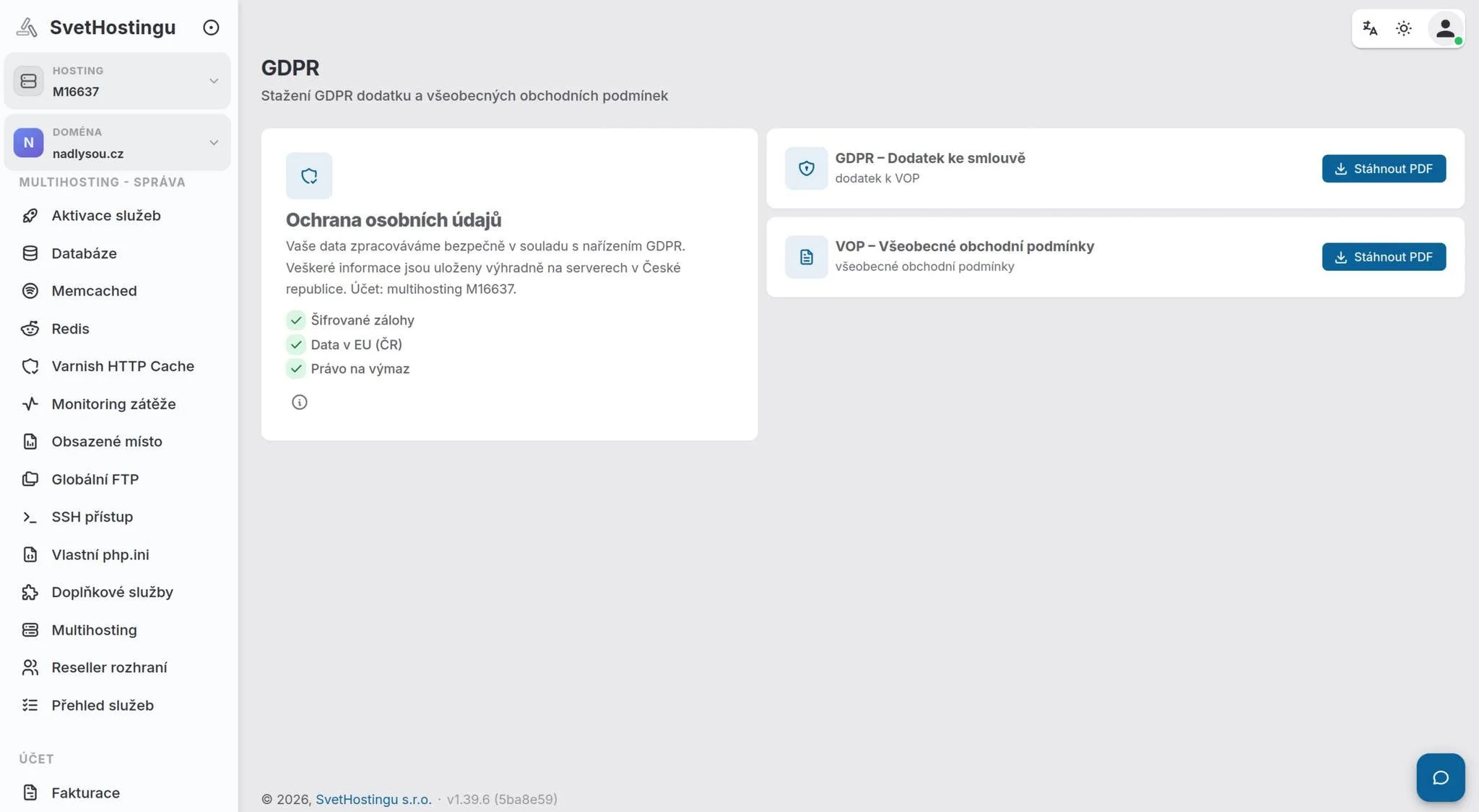 Nová administrace SvetHostingu: stránka GDPR s dodatkem ke smlouvě a obchodními podmínkami