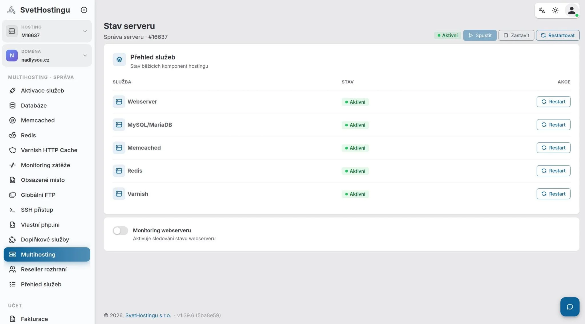 Nová administrace SvetHostingu: stav serveru s restartem webserveru, MySQL, Memcached, Redis a Varnish