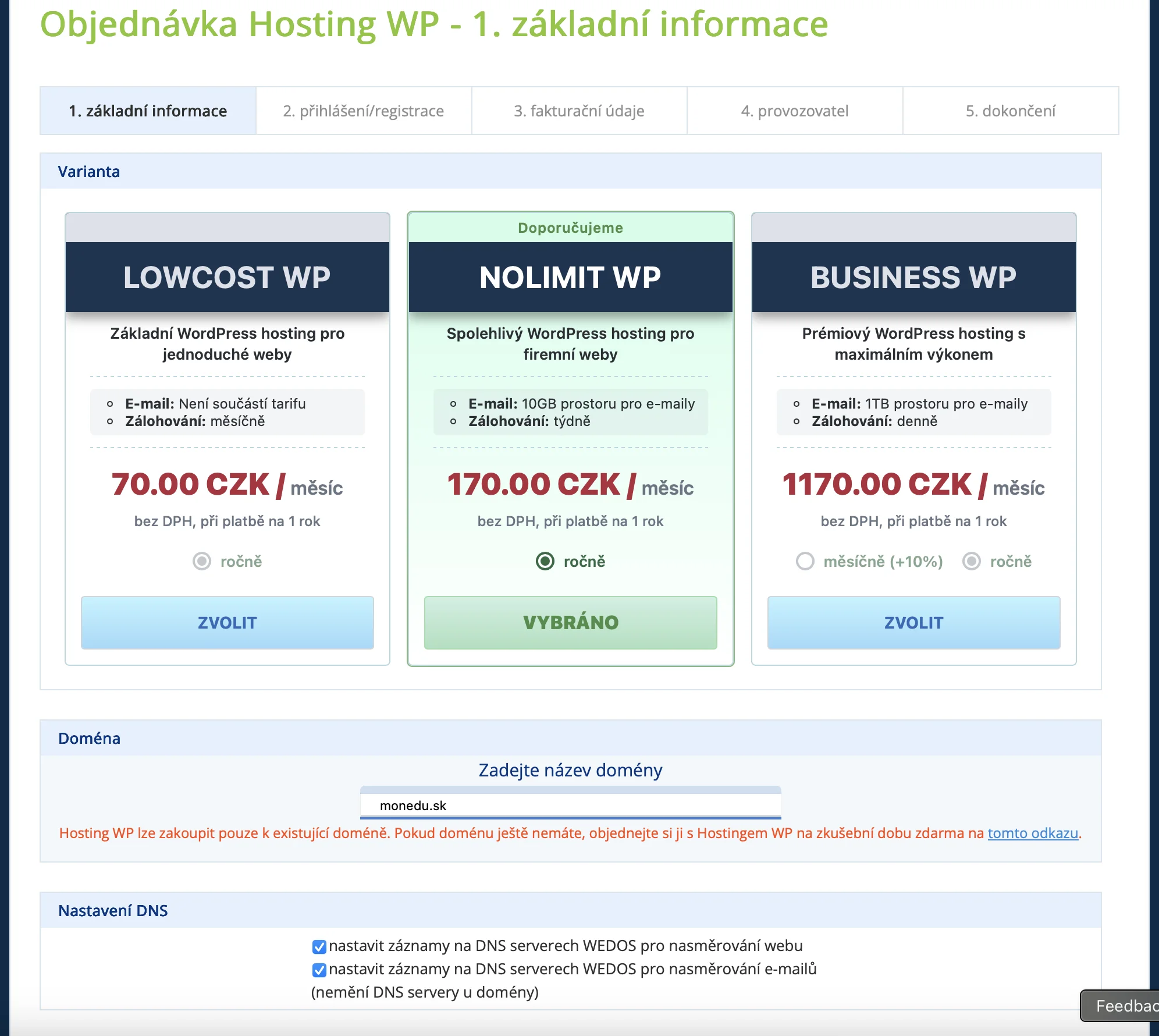 Objednávka WordPress hostingu Vedos NoLimit WP