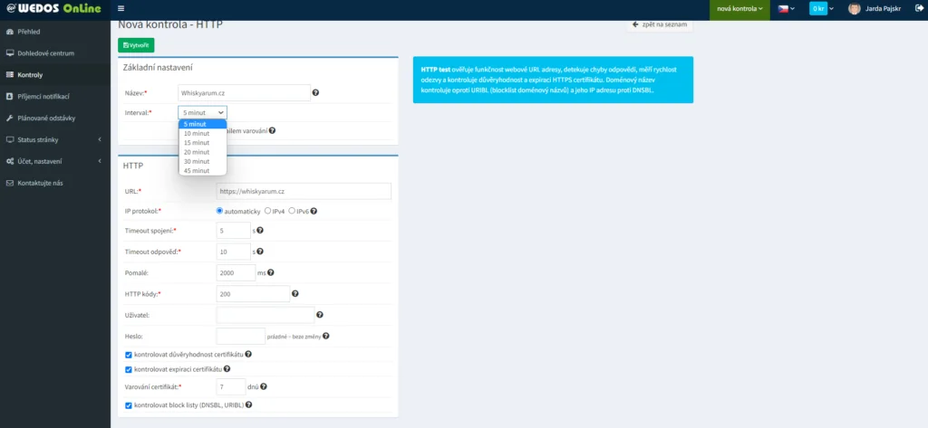 Kontroly nastavenia systému Wedos online